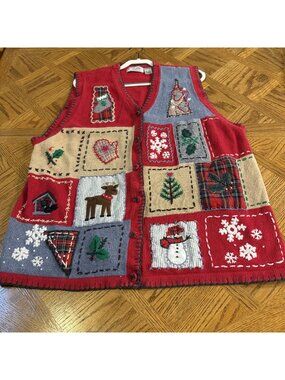 Victoria Jones Womens 3X Christmas Patchwork Ugly Sweater Vest Red Holiday
